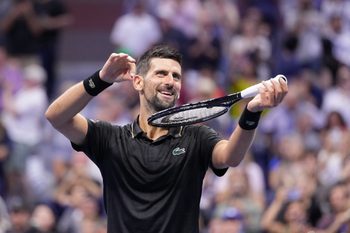 Aug 31, 2025; Flushing, NY, USA;  Novak Djokovic (SRB) after beating Jan-Lennard Struff (GER) (not pictured) on day eight of the 2025 U.S. Open tennis tournament at the USTA Billie Jean King National Tennis Center. Mandatory Credit: Robert Deutsch-Imagn Images