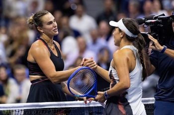 Sep 4, 2025; Flushing, NY, USA; Aryna Sabalenka of Belarus celebrates her victory over Jessica Pegula of the United States in the semifinal of the women’s singles at the US Open at Arthur Ashe Stadium in Billie Jean King National Tennis Center. Mandatory Credit: Mike Frey-Imagn Images