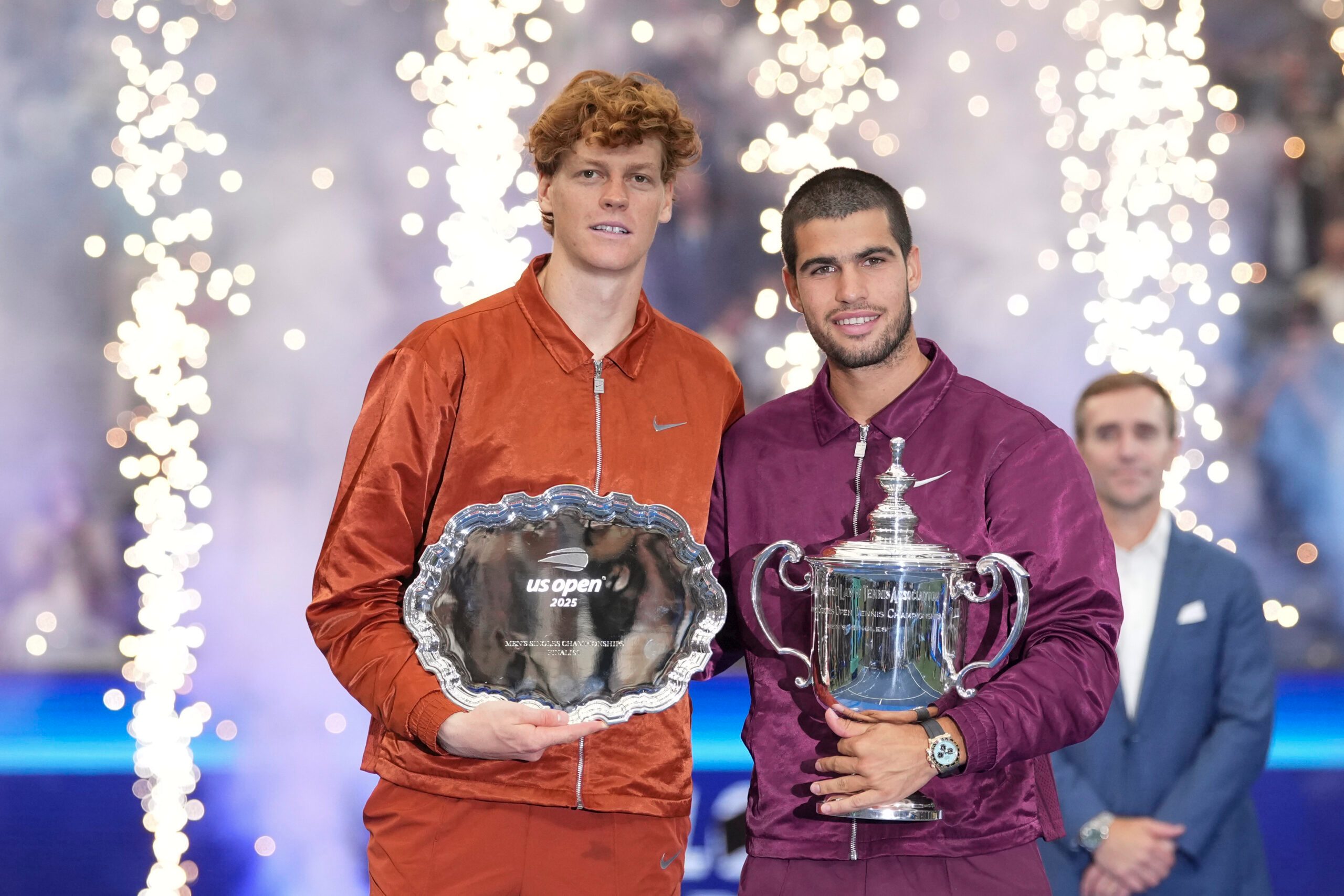 Sep 7, 2025; Flushing, NY, USA;  Carlos Alcaraz (ESP) and Jannik Sinner (ITA) poses for a photo after the final of mens singles at Billie Jean King National Tennis Center. Mandatory Credit: Robert Deutsch-Imagn Images
