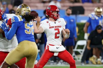 Sep 12, 2025; Pasadena, California, USA;  New Mexico Lobos quarterback Jack Layne (2) throws a pass during the second quarter against the UCLA Bruins at Rose Bowl. Mandatory Credit: Kiyoshi Mio-Imagn Images
