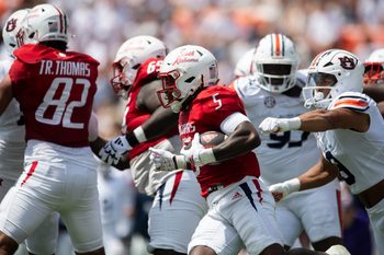 South Alabama Jaguars running back Kentrel Bullock (5) runs the ball as Auburn Tigers take on South Alabama Jaguars at Jordan-Hare Stadium in Auburn, Ala. on Saturday, Sept. 13, 2025. Auburn Tigers lead South Alabama Jaguars 28-9 at halftime.