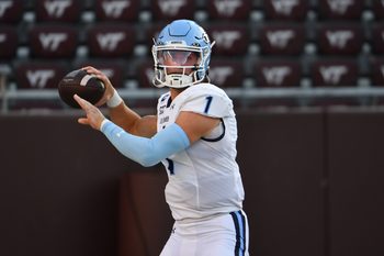 Sep 13, 2025; Blacksburg, Virginia, USA;  Old Dominion Monarchs quarterback Colton Joseph (1) warms up before the game at Lane Stadium. Mandatory Credit: Brian Bishop-Imagn Images