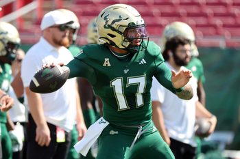 Sep 20, 2025; Tampa, Florida, USA;  South Florida Bulls quarterback Byrum Brown (17) before the game against the South Carolina State Bulldogs at Raymond James Stadium. Mandatory Credit: Kim Klement Neitzel-Imagn Images
