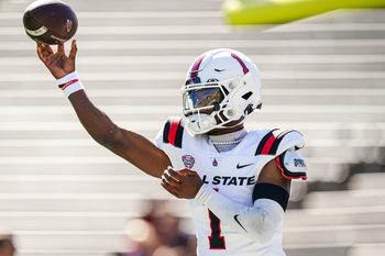 Sep 20, 2025; East Hartford, Connecticut, USA; Ball State Cardinals quarterback Kiael Kelly (1) warms up before the start of the game against the Connecticut Huskies at Pratt & Whitney Stadium at Rentschler Field. Mandatory Credit: David Butler II-Imagn Images