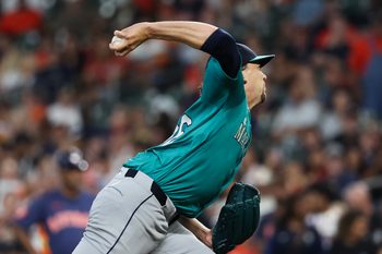 Sep 21, 2025; Houston, Texas, USA; Seattle Mariners starting pitcher Logan Gilbert (36) pitches against the Houston Astros in the first inning at Daikin Park. Mandatory Credit: Thomas Shea-Imagn Images