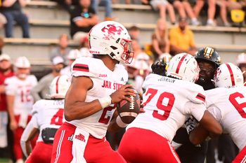 Jacksonville State Gamecocks quarterback Gavin Wimsatt (2) looks to pass against the Southern Miss Golden Eagles during the first quarter at M.M. Roberts Stadium in Hattiesburg, Miss. on Sept. 27, 2025.