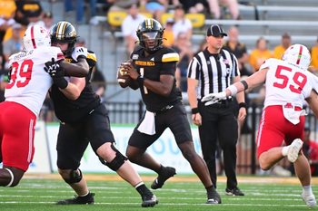 Southern Miss Golden Eagles quarterback Braylon Braxton (1) looks to pass against the Jacksonville State Gamecocks during the first quarter at M.M. Roberts Stadium in Hattiesburg, Miss. on Sept. 27, 2025.