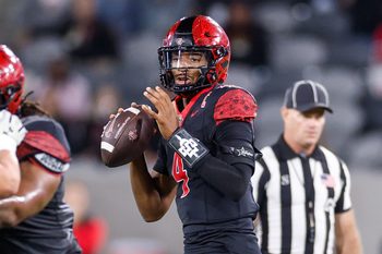 Oct 3, 2025; San Diego, California, USA; San Diego State Aztecs quarterback Jayden Denegal (4) throws a pass during the first half against the Colorado State Rams at Snapdragon Stadium. Mandatory Credit: David Frerker-Imagn Images