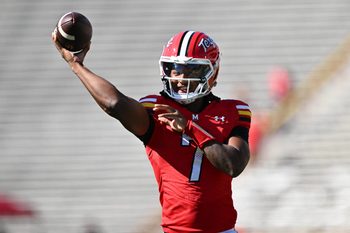 Oct 4, 2025; College Park, Maryland, USA;  Maryland Terrapins quarterback Malik Washington (7) warms up before a game against the Washington Huskies at SECU Stadium. Mandatory Credit: Jamie Sabau-Imagn Images