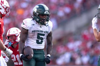 Oct 4, 2025; Lincoln, Nebraska, USA;  Michigan State Spartans running back Makhi Frazier (5) celebrates during the game against Nebraska at Memorial Stadium. Mandatory Credit: Kylie Graham-Imagn Images
