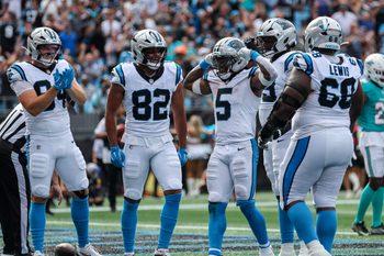 Oct 5, 2025; Charlotte, North Carolina, USA; Carolina Panthers running back Rico Dowdle (5) reacts after scoring a touchdown with Carolina Panthers tight end Tommy Tremble (82) and Carolina Panthers tight end Mitchell Evans (84) during the fourth quarter against the Miami Dolphins at Bank of America Stadium. Mandatory Credit: Cory Knowlton-Imagn Images
