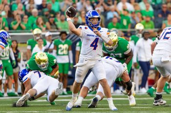 Oct 4, 2025; South Bend, Indiana, USA; Boise State Broncos quarterback Maddux Madsen (4) throws a pass against the Notre Dame Fighting Irish at Notre Dame Stadium. Mandatory Credit: Michael Caterina-Imagn Images