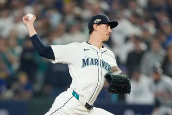 Oct 10, 2025; Seattle, Washington, USA; Seattle Mariners starting pitcher George Kirby (68) throws against the Detroit Tigers during the first inning during game five of the ALDS round for the 2025 MLB playoffs at T-Mobile Park. Mandatory Credit: Stephen Brashear-Imagn Images