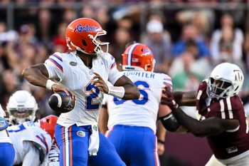Oct 11, 2025; College Station, Texas, USA; Florida Gators quarterback DJ Lagway (2) looks to pass the ball during the first half against the Texas A&M Aggies at Kyle Field. Mandatory Credit: Maria Lysaker-Imagn Images