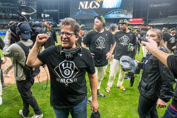Oct 11, 2025; Milwaukee, Wisconsin, USA; Milwaukee Brewers principal owner Mark Attanasio celebrates their 3-1 win over the Chicago Cubs after game five of the NLDS round for the 2025 MLB playoffs at American Family Field. Mandatory Credit: Mark Hoffman-USA TODAY Network via Imagn Images