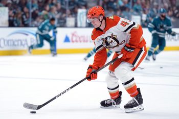 Oct 11, 2025; San Jose, California, USA; Anaheim Ducks right wing Beckett Sennecke (45) warms up before the game against the San Jose Sharks at SAP Center at San Jose. Mandatory Credit: Darren Yamashita-Imagn Images