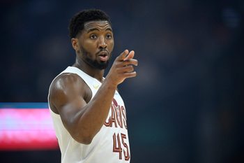 Oct 14, 2025; Cleveland, Ohio, USA; Cleveland Cavaliers guard Donovan Mitchell (45) stands on the court in the first quarter against the Detroit Pistons at Rocket Arena. Mandatory Credit: David Richard-Imagn Images