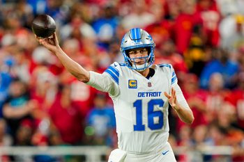 Oct 12, 2025; Kansas City, Missouri, USA; Detroit Lions quarterback Jared Goff (16) throws a pass during the first half against the Kansas City Chiefs at GEHA Field at Arrowhead Stadium. Mandatory Credit: Jay Biggerstaff-Imagn Images