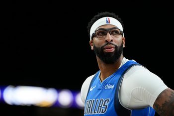 Oct 15, 2025; Las Vegas, Nevada, USA; Dallas Mavericks forward Anthony Davis (3) looks outward during the first half against the Los Angeles Lakers at T-Mobile Arena. Mandatory Credit: Lucas Peltier-Imagn Images