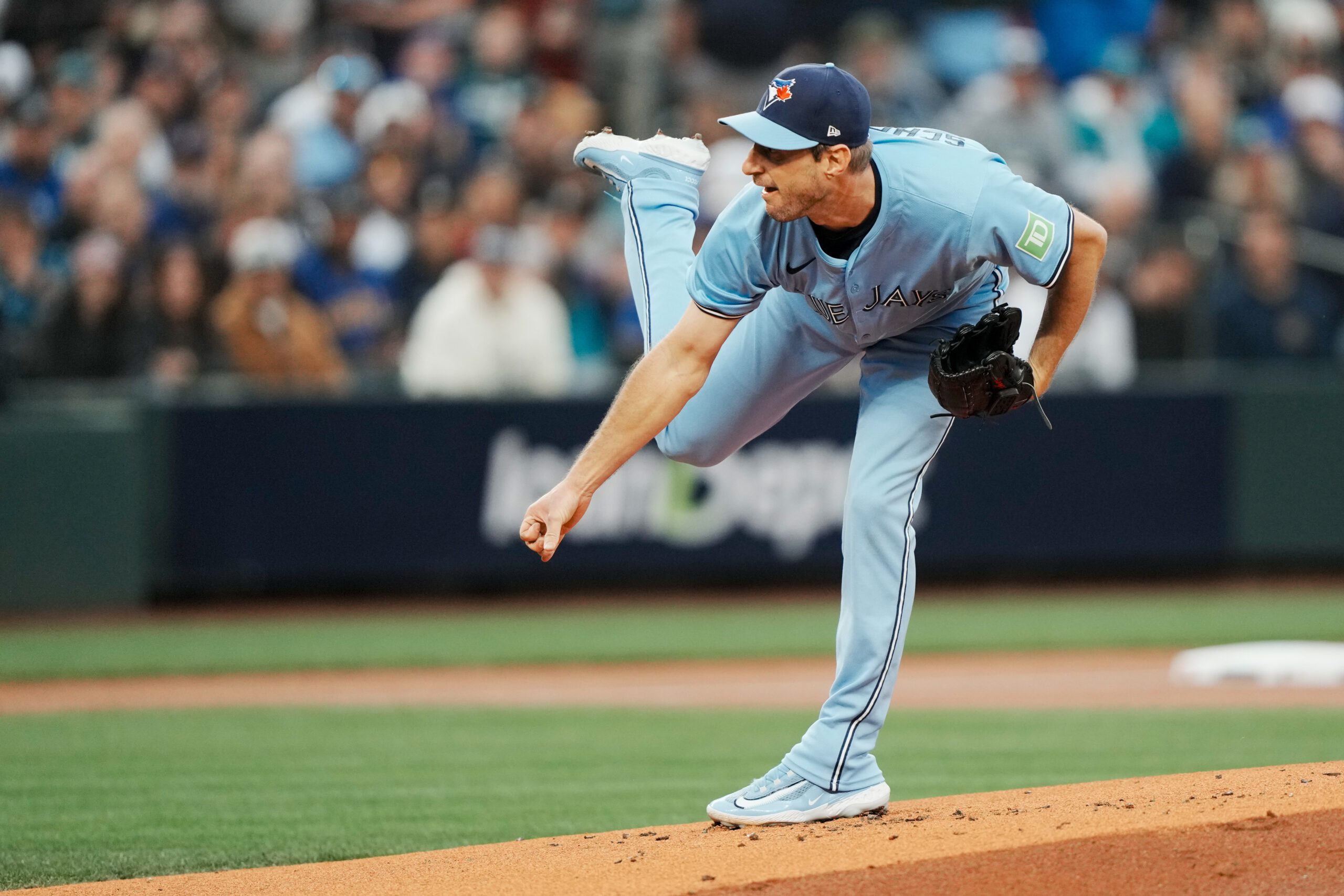 Oct 16, 2025; Seattle, Washington, USA; Toronto Blue Jays pitcher Max Scherzer (31) throws a pitch against the Seattle Mariners in the first inning during game four of the ALCS round for the 2025 MLB playoffs at T-Mobile Park. Mandatory Credit: Stephen Brashear-Imagn Images