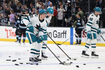 Oct 17, 2025; Salt Lake City, Utah, USA; San Jose Sharks center Macklin Celebrini (71) warms up before a game against the Utah Mammoth at Delta Center. Mandatory Credit: Rob Gray-Imagn Images