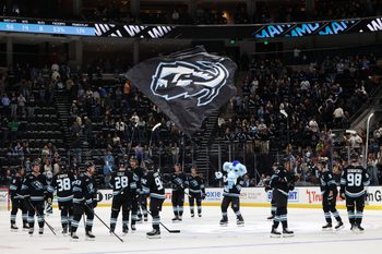 Oct 17, 2025; Salt Lake City, Utah, USA; The Utah Mammoth celebrate a win over the against the San Jose Sharks after the game at Delta Center. Mandatory Credit: Rob Gray-Imagn Images