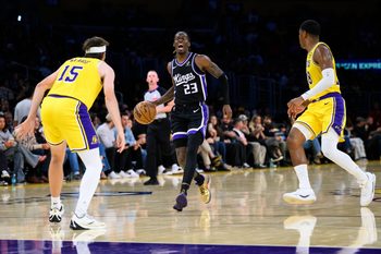 Oct 17, 2025; Los Angeles, California, USA; Sacramento Kings guard Keon Ellis (23) yells down the court during the first half against the Los Angeles Lakers at Crypto.com Arena. Mandatory Credit: William Liang-Imagn Images