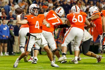 Oct 18, 2025; Charlottesville, Virginia, USA; Virginia Cavaliers quarterback Chandler Morris (4) passes the ball against the Washington State Cougars during the first half at Scott Stadium. Mandatory Credit: Geoff Burke-Imagn Images