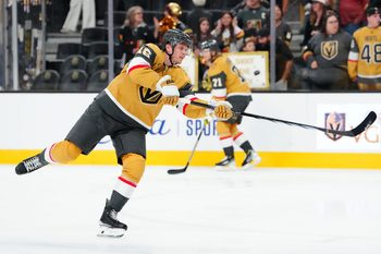 Oct 18, 2025; Las Vegas, Nevada, USA; Vegas Golden Knights right wing Pavel Dorofeyev (16) warms up before a game against the Calgary Flames at T-Mobile Arena. Mandatory Credit: Stephen R. Sylvanie-Imagn Images