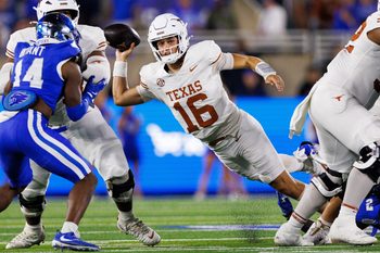 Oct 18, 2025; Lexington, Kentucky, USA; Texas Longhorns quarterback Arch Manning (16) throws a pass during the third quarter against the Kentucky Wildcats at Kroger Field. Mandatory Credit: Jordan Prather-Imagn Images