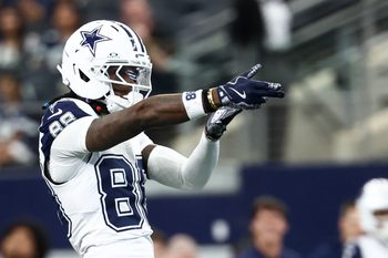 Oct 19, 2025; Arlington, Texas, USA; Dallas Cowboys wide receiver Ceedee Lamb (88) celebrates after a play against the Washington Commanders during the first quarter of the game at AT&T Stadium. Mandatory Credit: Kevin Jairaj-Imagn Images