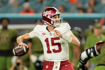Oct 25, 2025; Miami Gardens, Florida, USA; Stanford Cardinal quarterback Ben Gulbranson (15) throws the football against the Miami Hurricanes during the first quarter at Hard Rock Stadium. Mandatory Credit: Sam Navarro-Imagn Images