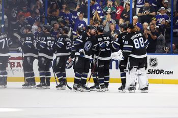 Oct 25, 2025; Tampa, Florida, USA; Tampa Bay Lightning left wing Brandon Hagel (38) and teammates celebrate after they beat the Anaheim Ducks at Benchmark International Arena. Mandatory Credit: Kim Klement Neitzel-Imagn Images