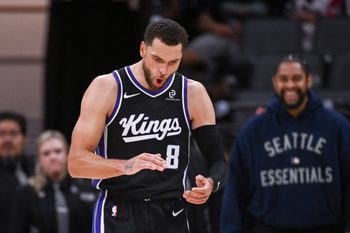 Oct 26, 2025; Sacramento, California, USA; Sacramento Kings guard Zach Lavine (8) reacts after scoring against the Los Angeles Lakers during the fourth quarter at Golden 1 Center. Mandatory Credit: Ed Szczepanski-Imagn Images