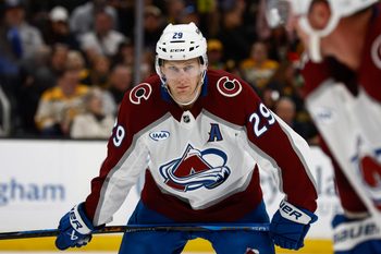 Oct 25, 2025; Boston, Massachusetts, USA; Colorado Avalanche center Nathan MacKinnon (29) during the game against the Boston Bruins at TD Garden. Mandatory Credit: Winslow Townson-Imagn Images