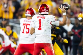 Oct 25, 2025; Tempe, Arizona, USA; Detailed view of the jersey of Houston Cougars quarterback Conner Weigman (1) against the Arizona State Sun Devils at Mountain America Stadium. Mandatory Credit: Mark J. Rebilas-Imagn Images