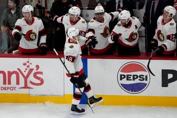 Oct 28, 2025; Chicago, Illinois, USA; Ottawa Senators center Tim Stützle (18) celebrates his goal against the Chicago Blackhawks during the second period at United Center. Mandatory Credit: David Banks-Imagn Images