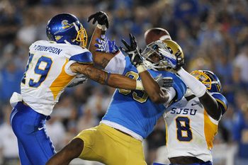 Sep 10, 2011; Pasadena, CA, USA;  San Jose State Spartans cornerback Peyton Thompson (19) and cornerback Brandon Driver (8) break up a pass intended for UCLA Bruins wide receiver Nelson Rosario (83) during the 4th quarter in the end zone at the Rose Bowl.  UCLA won 27-17. Mandatory Credit: Jayne Kamin-Oncea-Imagn Images