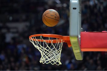 Feb 18, 2023; Salt Lake City, UT, USA; A Wilson official NBA  logo basketball swishes through the net at Huntsman Center. Mandatory Credit: Kirby Lee-Imagn Images