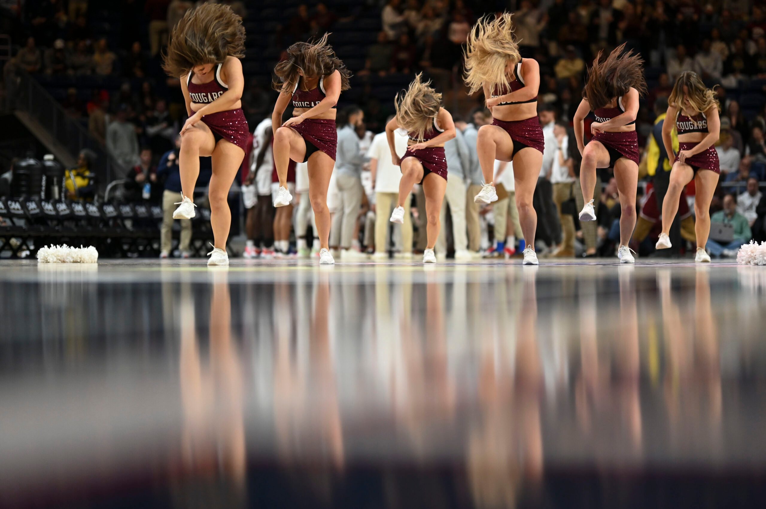 Mar 7, 2023; Washington, D.C., USA; Charleston Cougars preform during a time out in the second half of the CAA Tournament Men's Finals against the North Carolina-Wilmington Seahawks at Entertainment & Sports Arena. Mandatory Credit: Tommy Gilligan-Imagn Images
