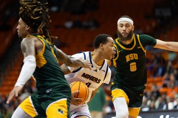 UTEP's Zid Powell (0) dribbles the ball at a men's basketball game against Norfolk State in the Sun Bowl Invitational on Wednesday, Dec. 20, 2023, at the Don Haskins Center in El Paso, Texas.