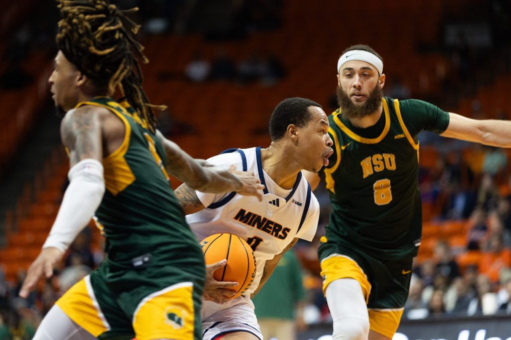UTEP's Zid Powell (0) dribbles the ball at a men's basketball game against Norfolk State in the Sun Bowl Invitational on Wednesday, Dec. 20, 2023, at the Don Haskins Center in El Paso, Texas.