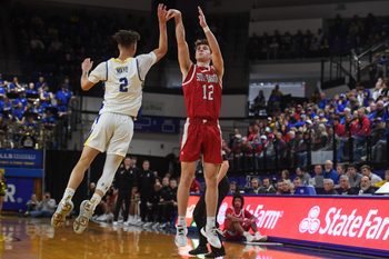 USD guard Isaac Bruns (12) shoots the ball on Sunday, Feb. 4, 2024 at Frost Arena in Brookings.