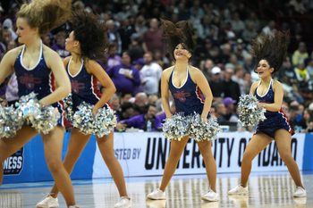 Mar 22, 2024; Spokane, WA, USA; St. Mary's Gaels cheerleaders during the second half in the first round of the 2024 NCAA Tournament against the Grand Canyon Antelopes at Spokane Veterans Memorial Arena. Mandatory Credit: Kirby Lee-Imagn Images