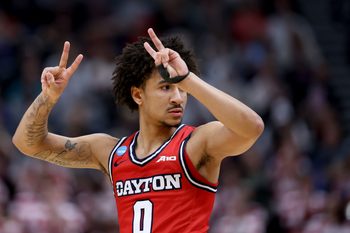 Mar 23, 2024; Salt Lake City, UT, USA; Dayton Flyers guard Javon Bennett (0) during the second half in the second round of the 2024 NCAA Tournament against the Arizona Wildcats at Vivint Smart Home Arena-Delta Center. Mandatory Credit: Rob Gray-Imagn Images