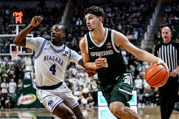Michigan State's Frankie Fidler, right, moves the ball against Niagara during the first half on Thursday, Nov. 7, 2024, at the Breslin Center in East Lansing.