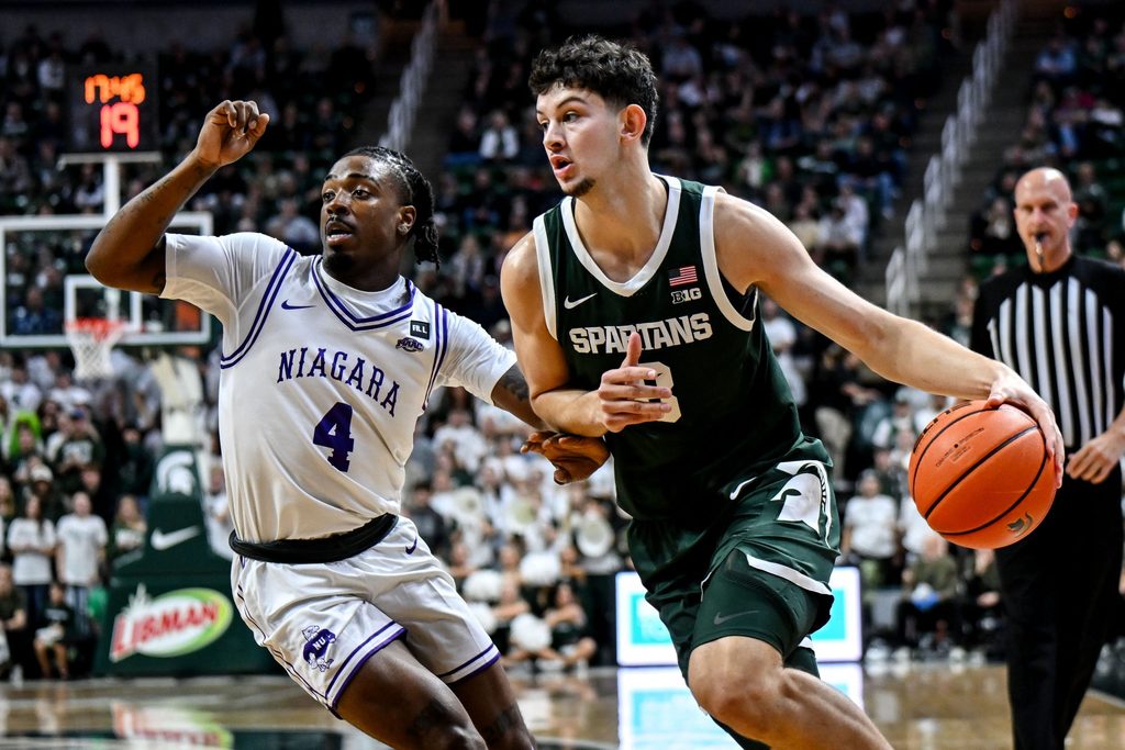Michigan State's Frankie Fidler, right, moves the ball against Niagara during the first half on Thursday, Nov. 7, 2024, at the Breslin Center in East Lansing.