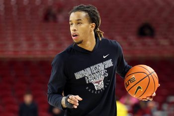 Nov 25, 2024; Fayetteville, Arkansas, USA; Maryland Eastern Shore Hawks guard Ketron “KC” Shaw warms up prior to the game against the Arkansas Razorbacks at Bud Walton Arena. Mandatory Credit: Nelson Chenault-Imagn Images