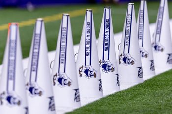 Dec 19, 2024; New Orleans, LA, USA; A general view of Georgia Southern Eagles cheerleaders megaphones during the start of the first half against the Sam Houston State Bearkats at Caesars Superdome. Mandatory Credit: Stephen Lew-Imagn Images