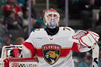 Jan 25, 2025; San Jose, California, USA; Florida Panthers goaltender Sergei Bobrovsky (72) waits for play to resume against the San Jose Sharks during the second period at SAP Center at San Jose. Mandatory Credit: Robert Edwards-Imagn Images